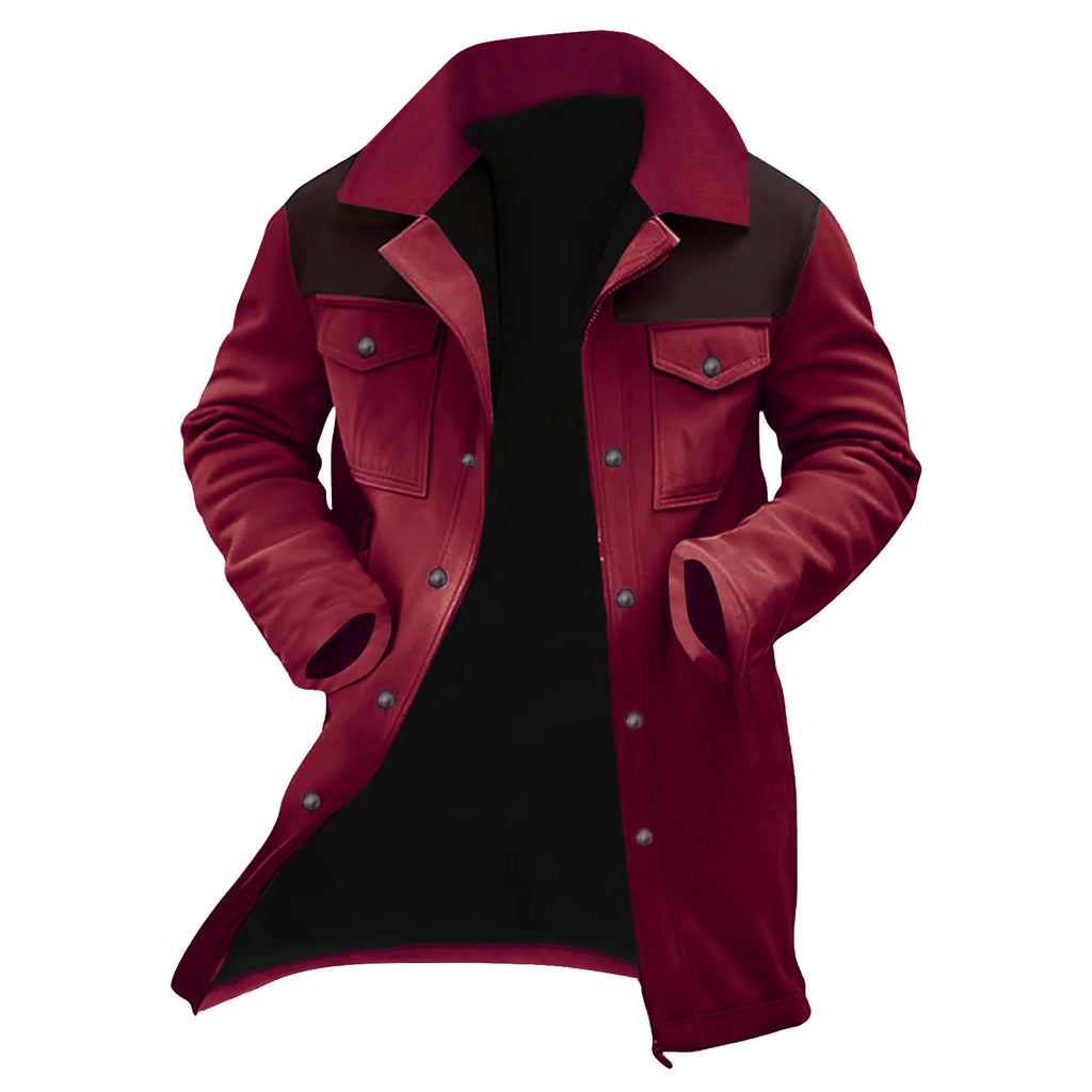 New Autumn Winter Men's Suede Color Matching Jackets Multi-pocket Lapel Casual Windproof Outerwear Vintage Warm Men Trench Coats