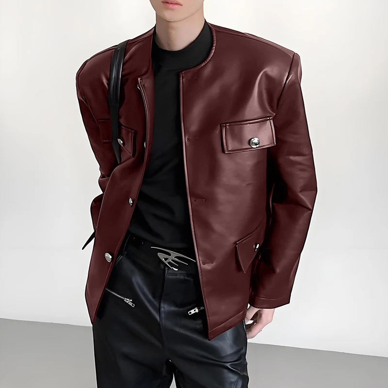 INCERUN Men Jackets PU Leather Solid Color O-neck Long Sleeve Male Coats Streetwear Button 2025 Fashion Casual Jackets Outerwear