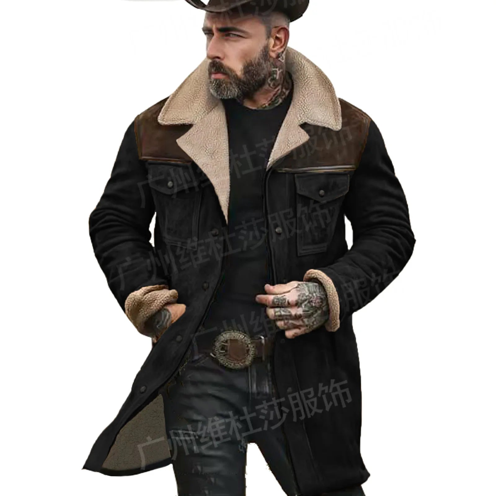 New Autumn Winter Men's Suede Color Matching Jackets Multi-pocket Lapel Casual Windproof Outerwear Vintage Warm Men Trench Coats