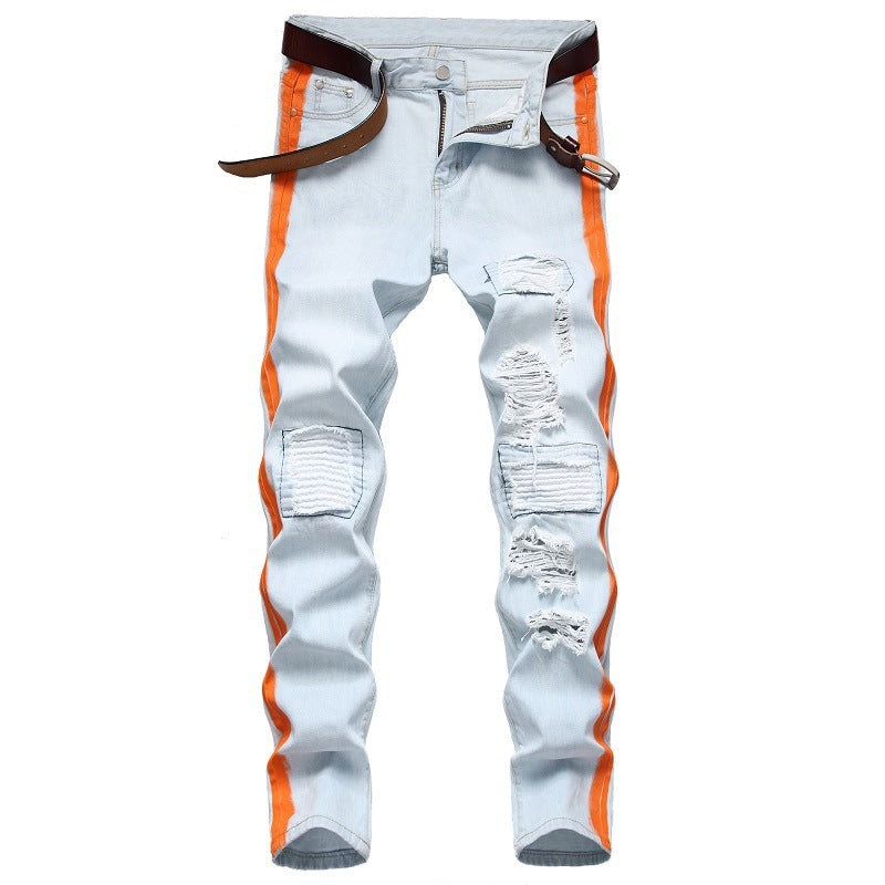 Autumn New Yellow Men's Jeans, Blue Stretch Biker Trousers, Broken Hole Jeans, Fashion Popular Men Denim Pants Big Size 29-42