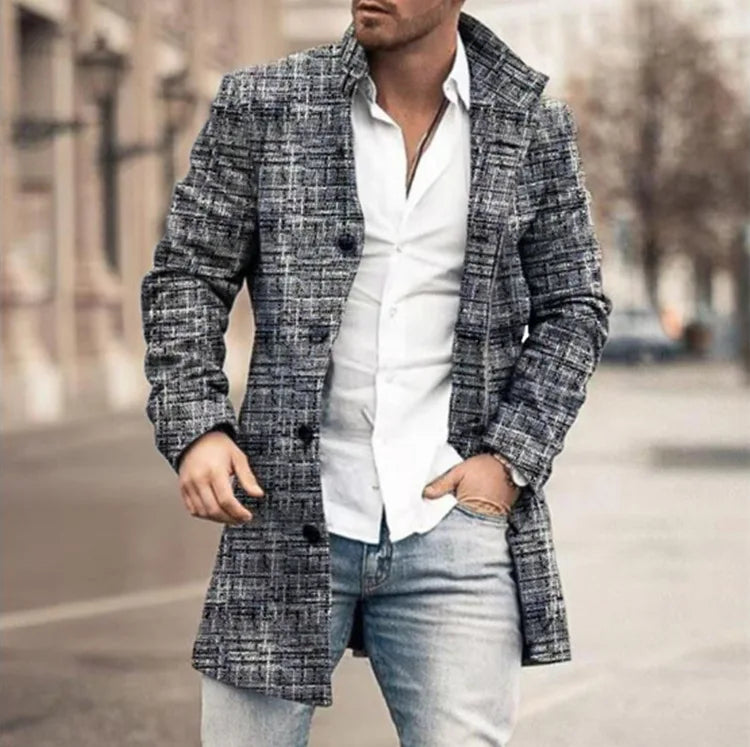 2025 Men's Casual Wool Blends Jacket Plaid Print Long Sleeve Buttoned Jackets Coats Tops Male Warm Outerwear Long Coats Men 4XL