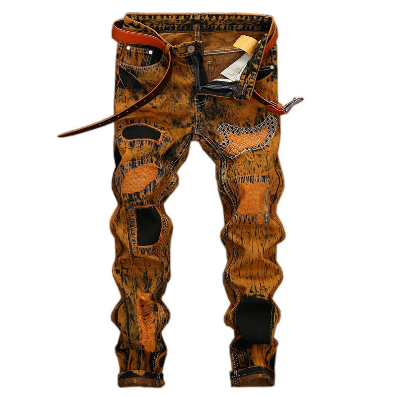 Autumn New Yellow Men's Jeans, Blue Stretch Biker Trousers, Broken Hole Jeans, Fashion Popular Men Denim Pants Big Size 29-42