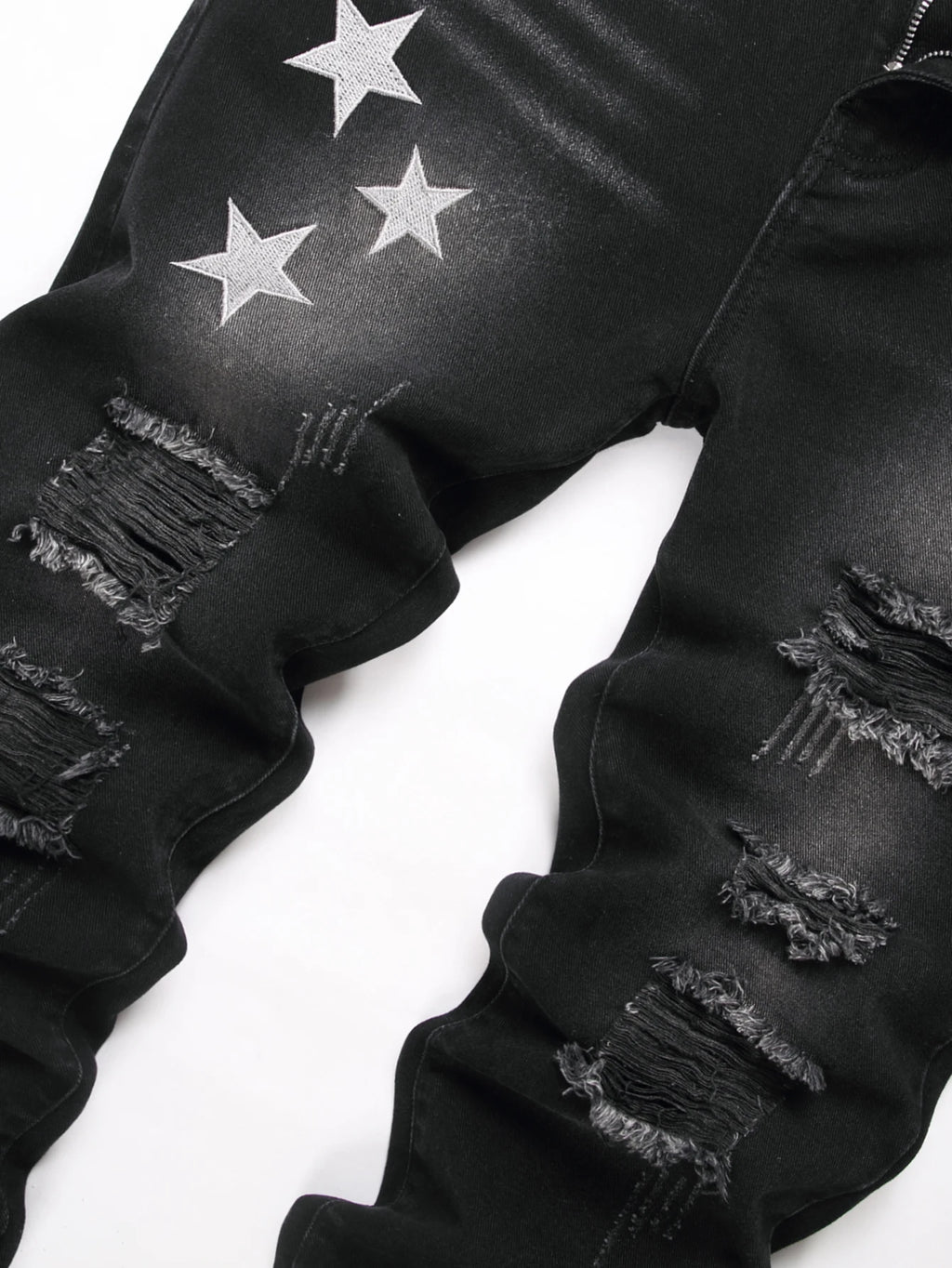 Black Y2K Jeans Mid Rise Straight Leg Man Pants with Silver Star Design Distressed Ripped Denim Clothing Hip Hop Male Streetwear