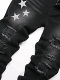 Black Y2K Jeans Mid Rise Straight Leg Man Pants with Silver Star Design Distressed Ripped Denim Clothing Hip Hop Male Streetwear
