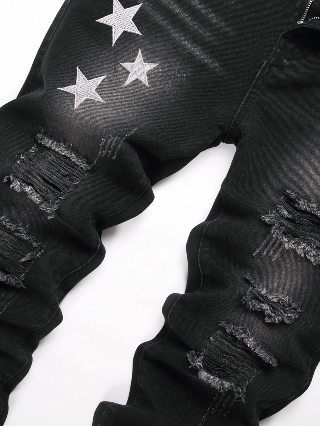 Black Y2K Jeans Mid Rise Straight Leg Man Pants with Silver Star Design Distressed Ripped Denim Clothing Hip Hop Male Streetwear