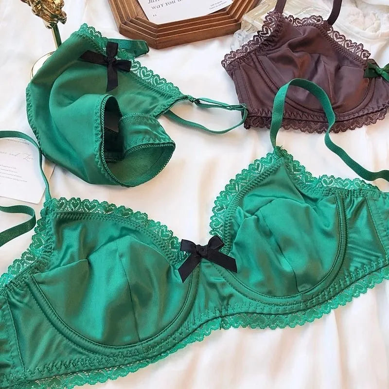 Women Underwear Set Ice Silk Sexy Lace See Through Push Up Bra Set Summer Spring Gathered Breathable Lingerie and Panty