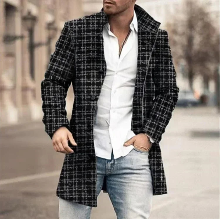 2025 Men's Casual Wool Blends Jacket Plaid Print Long Sleeve Buttoned Jackets Coats Tops Male Warm Outerwear Long Coats Men 4XL