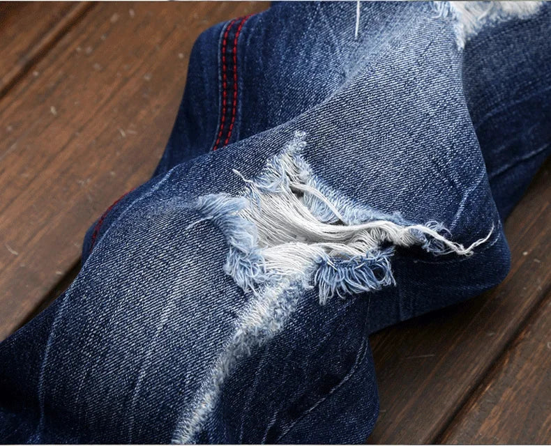 Men's Knee-length Ripped Vintage Jeans (without Belt) Hip-hop High Street Motorcycle Fashion Casual Straight Denim Trousers Male