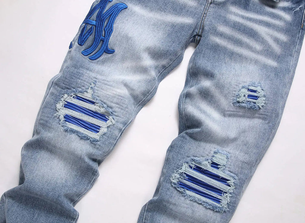 Current AM Brand Embroidered Distressed Patch High Street Youth Men's Slim Fit Skinny Pants