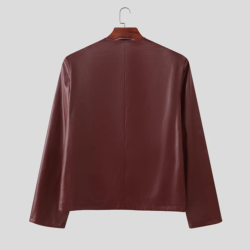 INCERUN Men Jackets PU Leather Solid Color O-neck Long Sleeve Male Coats Streetwear Button 2025 Fashion Casual Jackets Outerwear