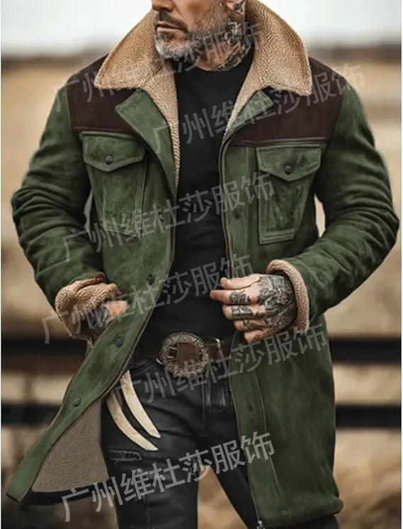 New Autumn Winter Men's Suede Color Matching Jackets Multi-pocket Lapel Casual Windproof Outerwear Vintage Warm Men Trench Coats