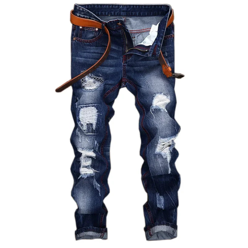 Men's Knee-length Ripped Vintage Jeans (without Belt) Hip-hop High Street Motorcycle Fashion Casual Straight Denim Trousers Male