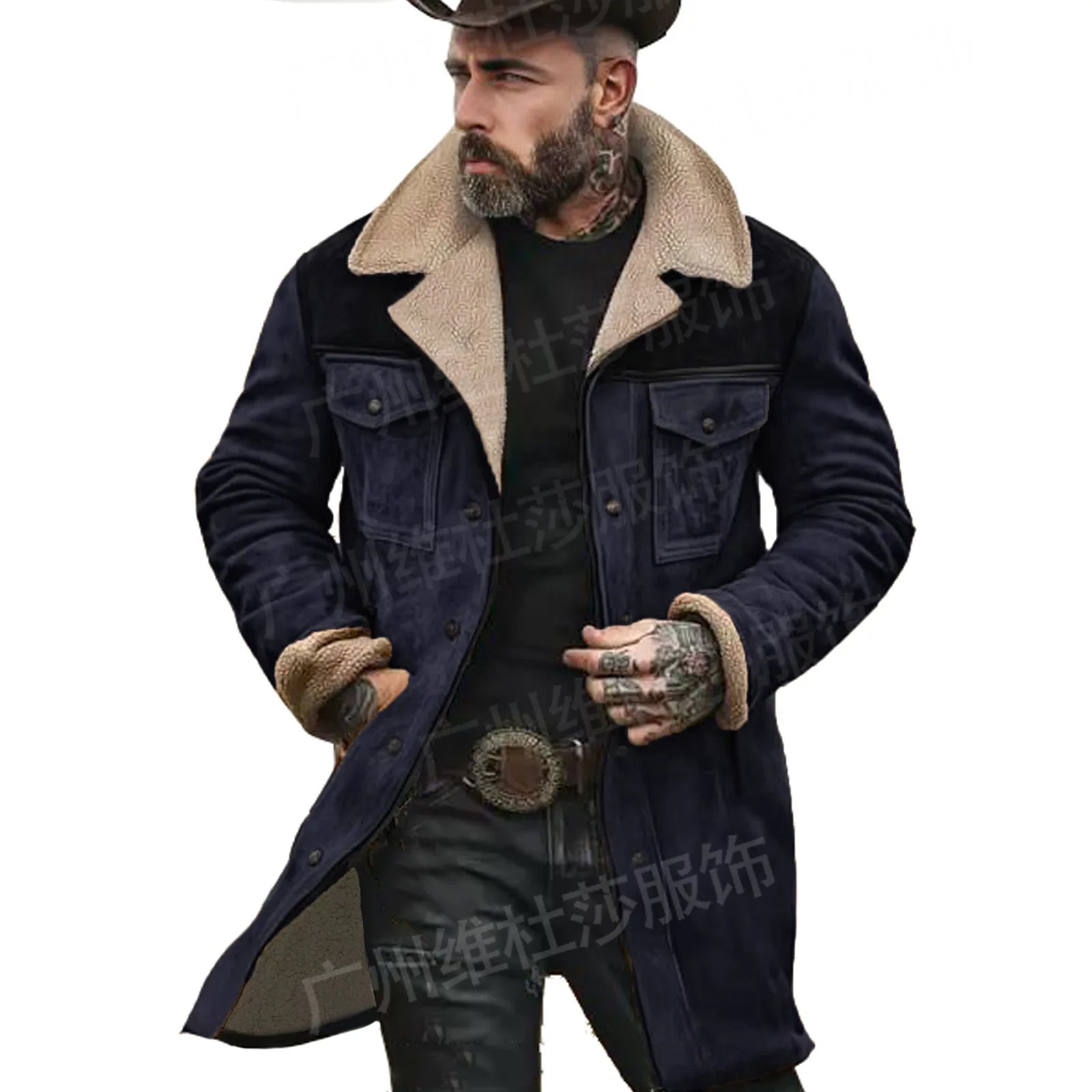 New Autumn Winter Men's Suede Color Matching Jackets Multi-pocket Lapel Casual Windproof Outerwear Vintage Warm Men Trench Coats