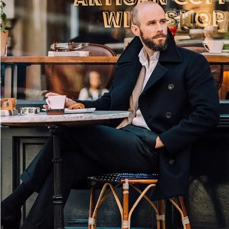 New Mens Peacoat Long-sleeved Tweed Coat Autumn and Winter Fashion Solid Color Long Overcoats Large Size Male Jackets