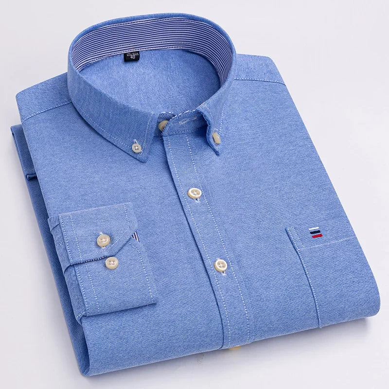 Casual Pure Cotton Oxford Mens Shirts Long Sleeve Plain Soild Regular Fit Fashion Button Man Dress Shirts