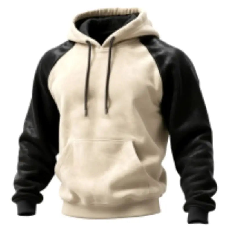 2025 Mens Outdoor Casual Hooded Sweatshirt Contrast Stitching Raglan Sleeve Retro Western Workwear Style Thick Fleece Lined