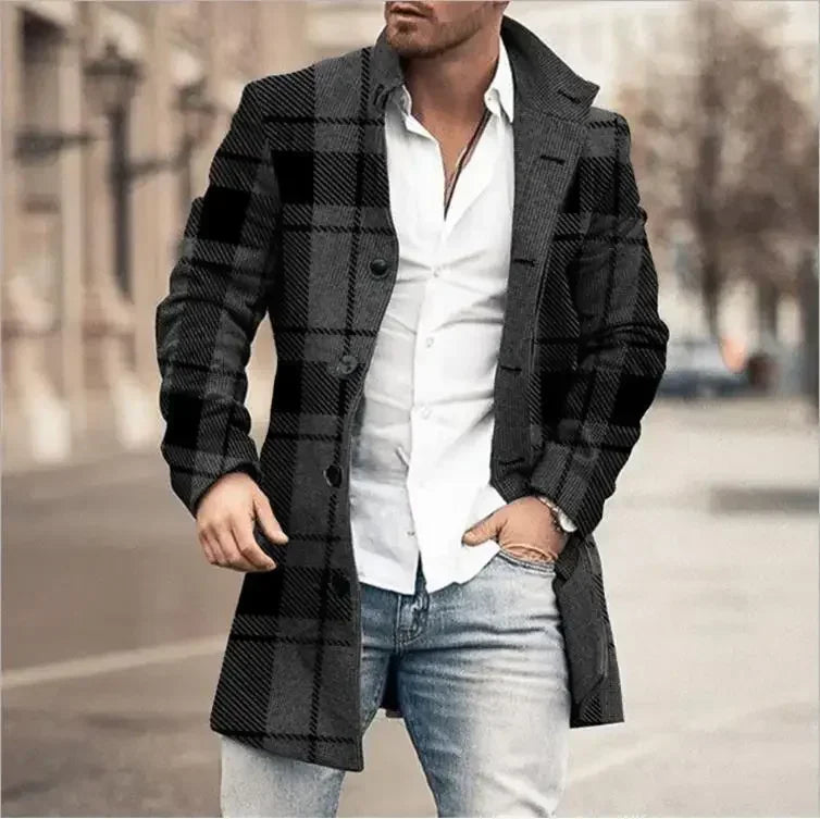2025 Men's Casual Wool Blends Jacket Plaid Print Long Sleeve Buttoned Jackets Coats Tops Male Warm Outerwear Long Coats Men 4XL