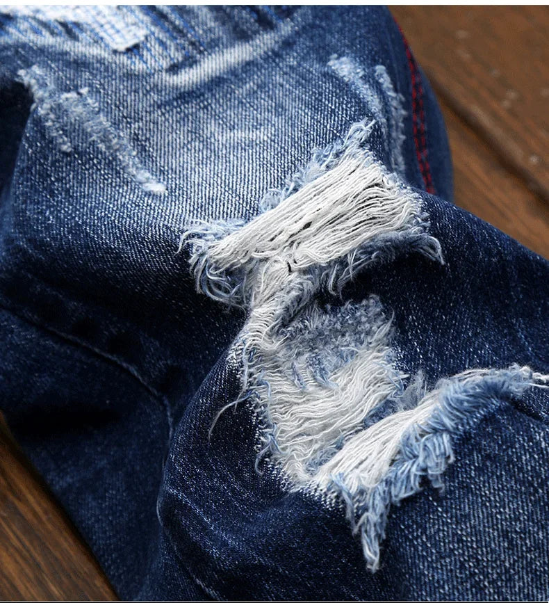 Men's Knee-length Ripped Vintage Jeans (without Belt) Hip-hop High Street Motorcycle Fashion Casual Straight Denim Trousers Male