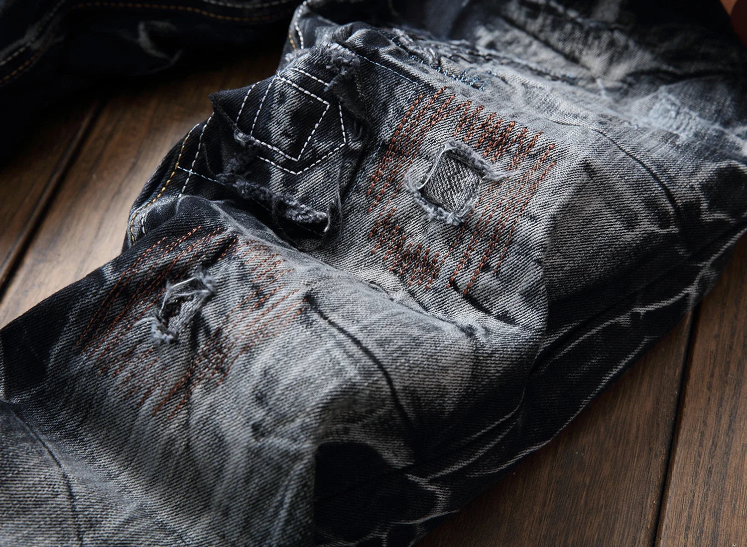 New Patchwork Ripped Casual Jeans Men's Street Wear Retro Distressed Motorcycle Slim Fit Straight Fashion Denim Trousers Male