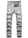 Men's Jeans Slim Fit Comfort Straight Leg Casual Mid Waist Denim Pants Grey Trousers Men Clothing