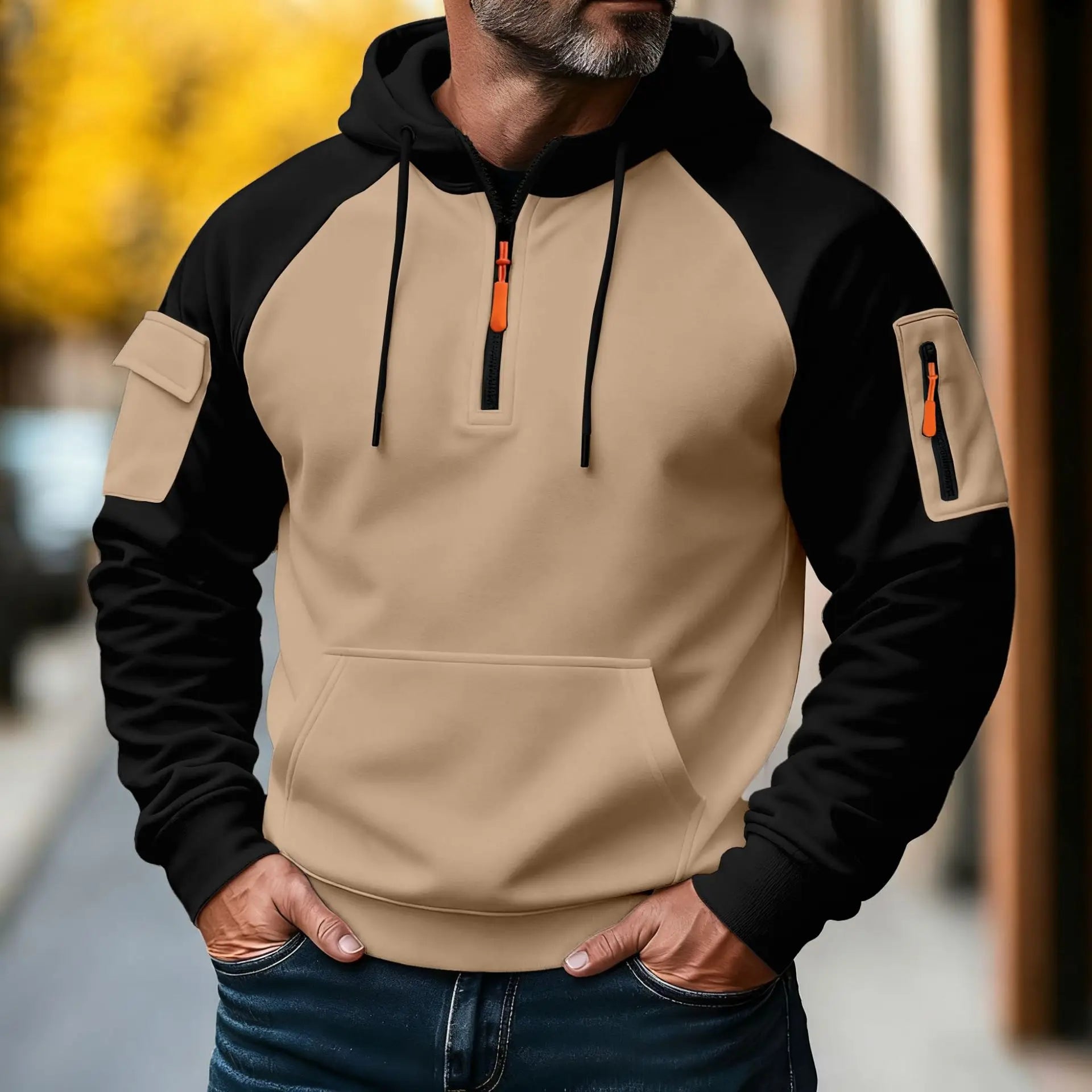 Spring and Autumn Men's Fashionable workwear casual sporty zipper long-sleeved hooded pullover with multiple pockets