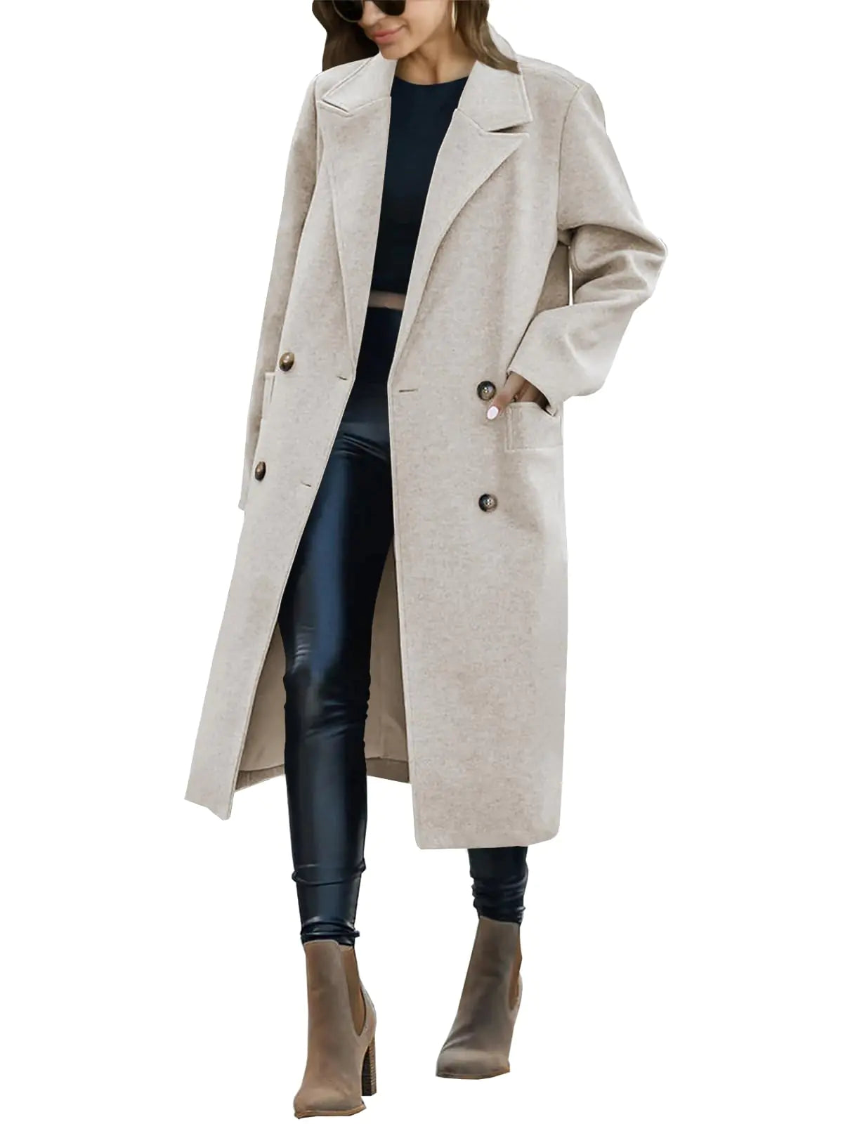 Saodimallsu Womens Trench Coat Winter Lapel Double Breasted Long Pea Coat Casual Work Office Overcoat with Pocket
