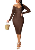 Womens Sexy Off Shoulder Midi Dress Elegant Bodycon Cocktail Party Dresses Night Outfits Coffee S