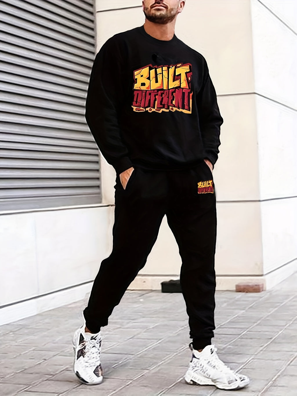 2Pcs Letter Print Outfit - Relaxed-Fit Casual Crew Neck Long Sleeve Pullover Sweatshirt and Sweatpants Set for Spring and Fall - High-Quality Mens Clothing for Everyday Wear