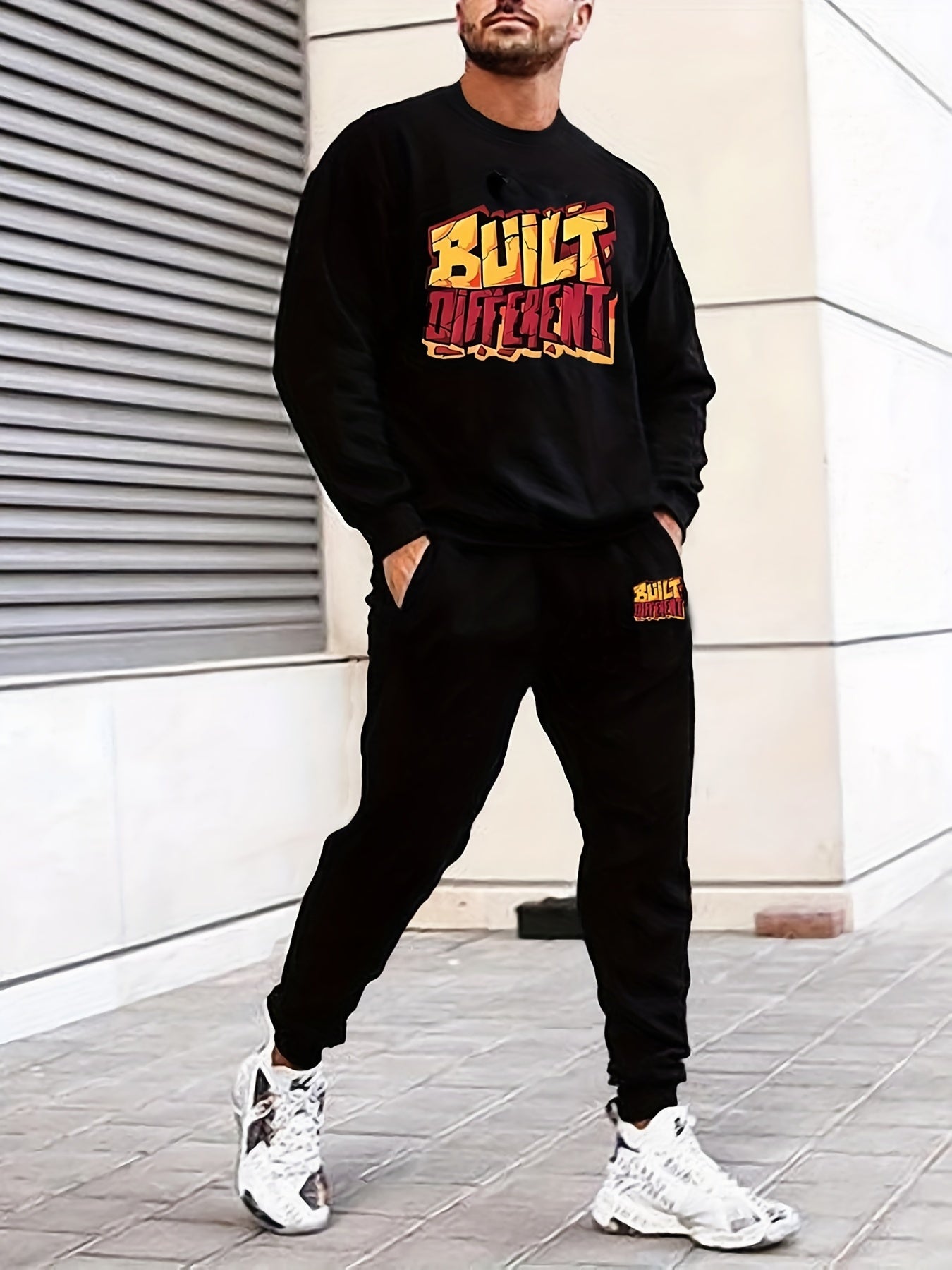 2Pcs Letter Print Outfit - Relaxed-Fit Casual Crew Neck Long Sleeve Pullover Sweatshirt and Sweatpants Set for Spring and Fall - High-Quality Mens Clothing for Everyday Wear