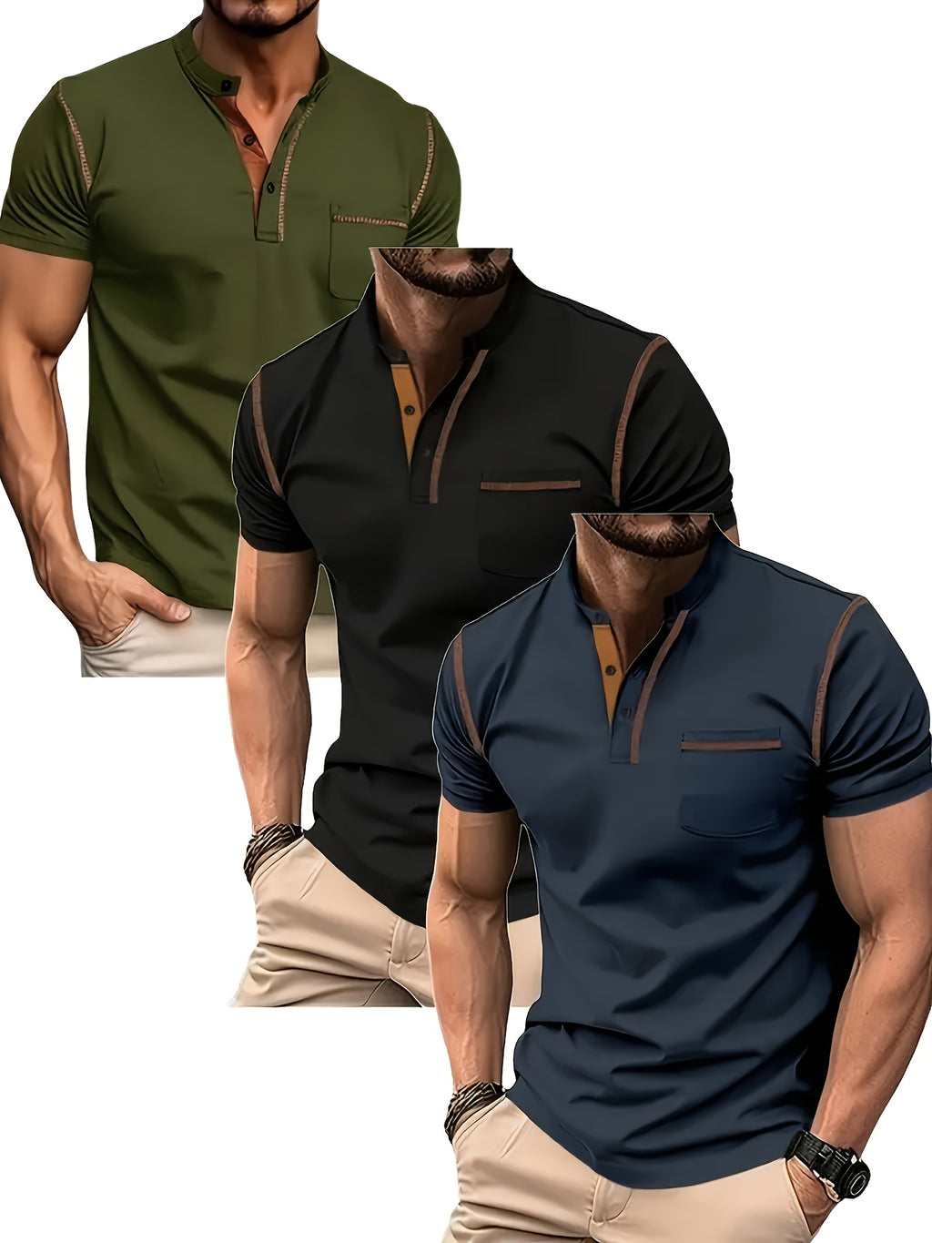 3pcs Men's Slim-Fit Golf & Tennis Shirts - Breathable Stretchy Short Sleeve, Contrast Collar & Collars, All-Season Non-Sheer Sportswear (Olive/Oatmeal/Navy) - Multi-Color Pack for Golf, Tennis & Casual, Mens Shirts, Mens Clot