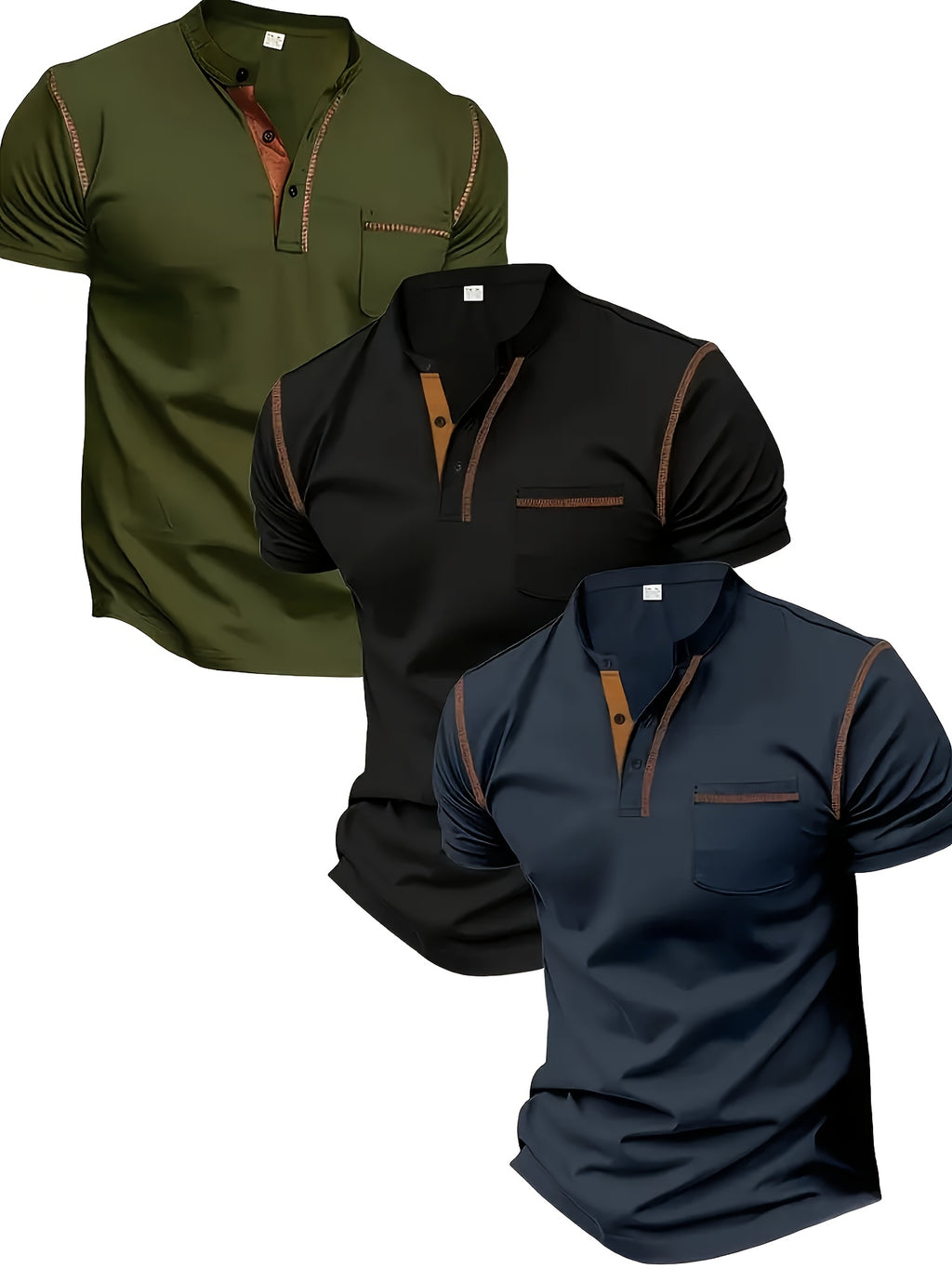 3pcs Men's Slim-Fit Golf & Tennis Shirts - Breathable Stretchy Short Sleeve, Contrast Collar & Collars, All-Season Non-Sheer Sportswear (Olive/Oatmeal/Navy) - Multi-Color Pack for Golf, Tennis & Casual, Mens Shirts, Mens Clot