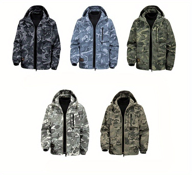 Men's Camouflage Hooded Jacket with Full-Zip Closure & Camo-Lining - Green/Brown/Tan Outdoor Coat, Machine-Washable Polyester for Hiking, Hunting, Army-Style Windbreaker, Hoodies For Men, Camouflage For Men, Camouflage Clothi