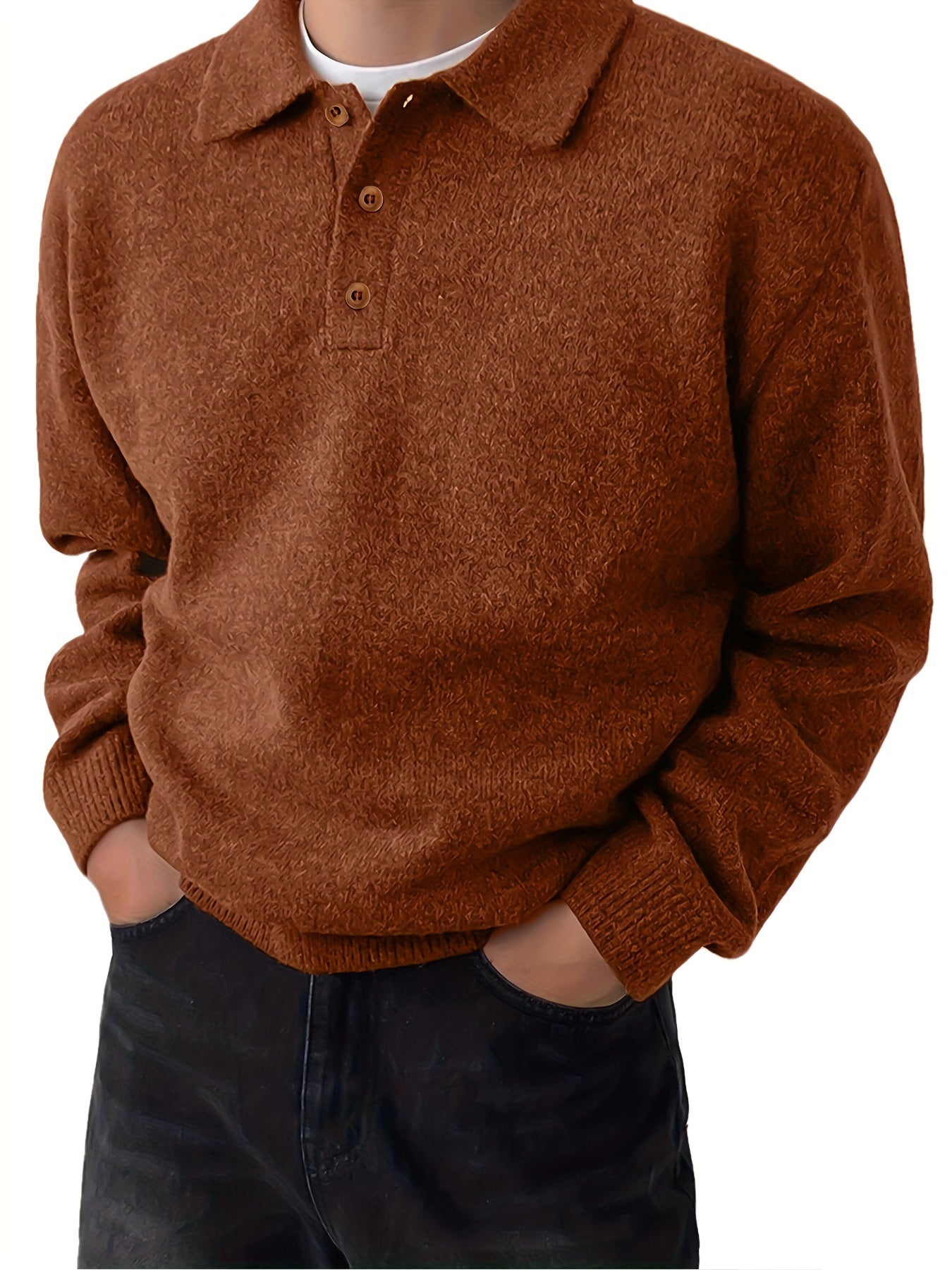 Boys' Thickened Winter Sweater - Warm Knit Pullover with Collar & Button Front, Brown/Beige Striped Base Layer Sweater for School, Sports, Travel - Machine Washable Teen Boys' Cozy Sweatsuit (Regular Fit) - Christmas Gift, Wi