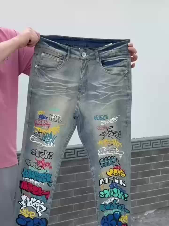 Straight-Leg Wide-Leg Stretch All-Season Streetwear Y2K Vintage Wash Graffiti Distressed Washed And Distressed Faux Denim Men Faux Denim, Designer Faux Denim For Men, Fashion Mens Clothing, Graphic Faux Denim
