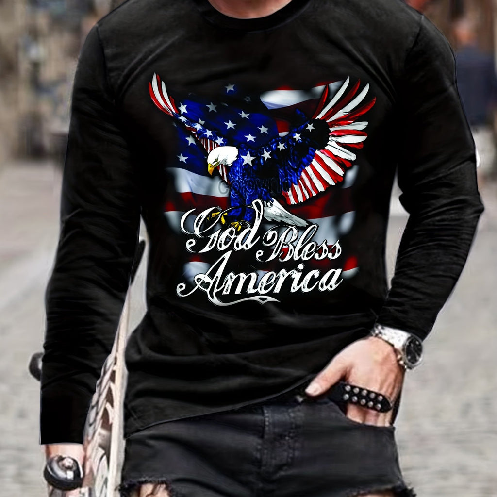Eagle Print, Men's Long Sleeve Novelty T-shirt, Stylish Tees For Autumn, Mens Clothing
