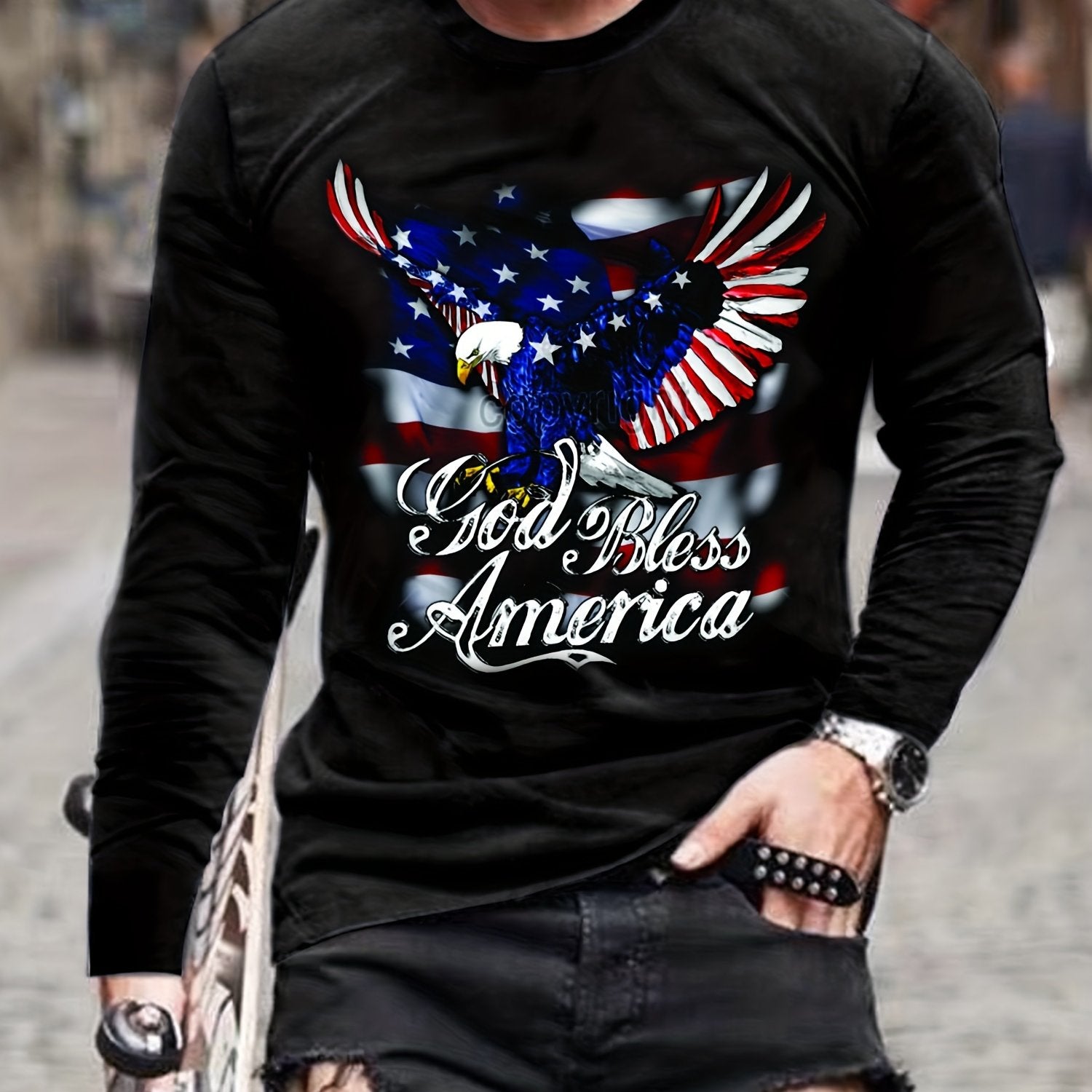 Eagle Print, Men's Long Sleeve Novelty T-shirt, Stylish Tees For Autumn, Mens Clothing