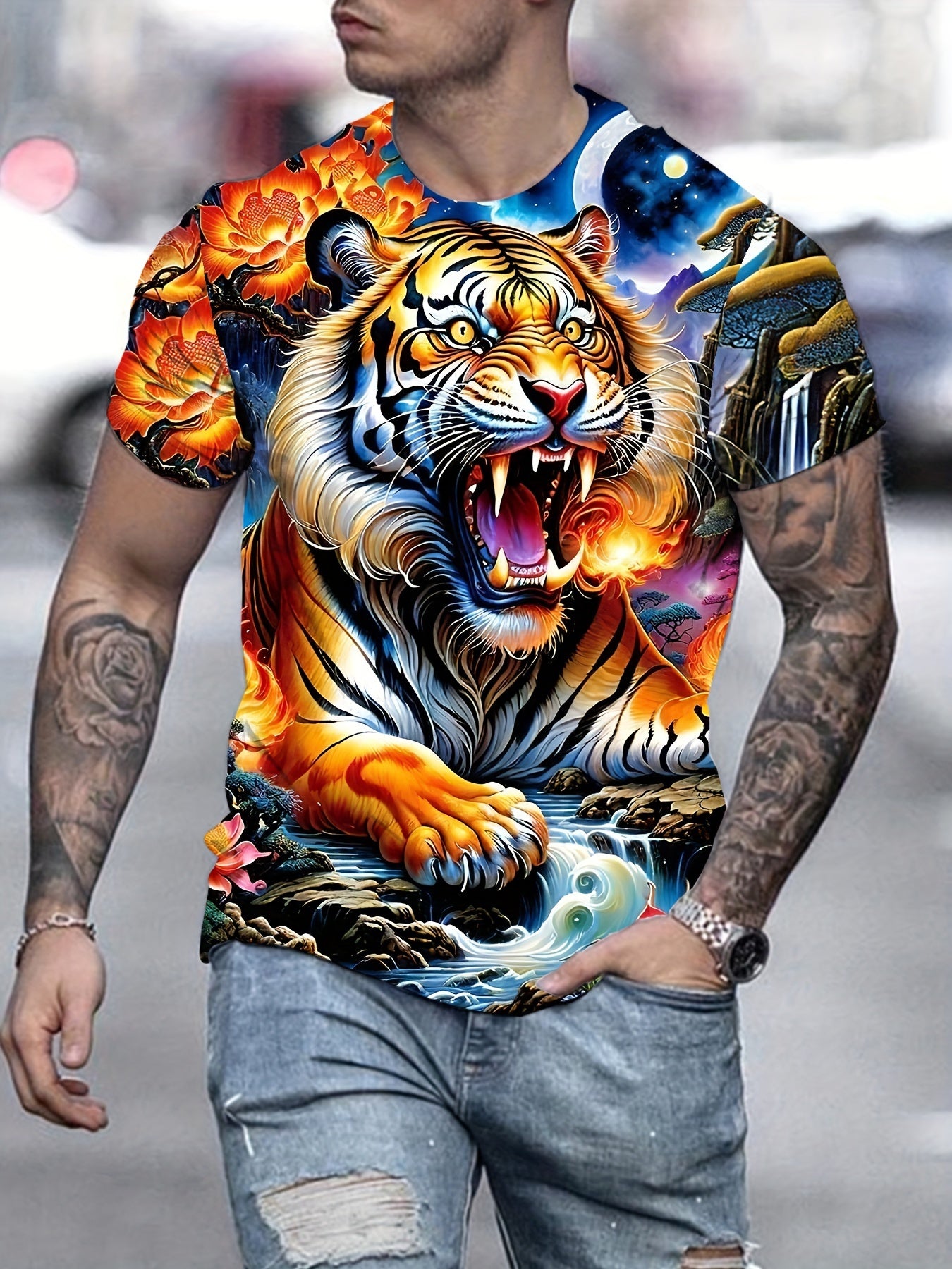 Mens Tiger Print T-Shirt - Lightweight & Breathable Casual Tee with Crew Neck - Perfect for Outdoor Adventures, All-Day Comfort - Short Sleeve, Stylish Mens Clothing