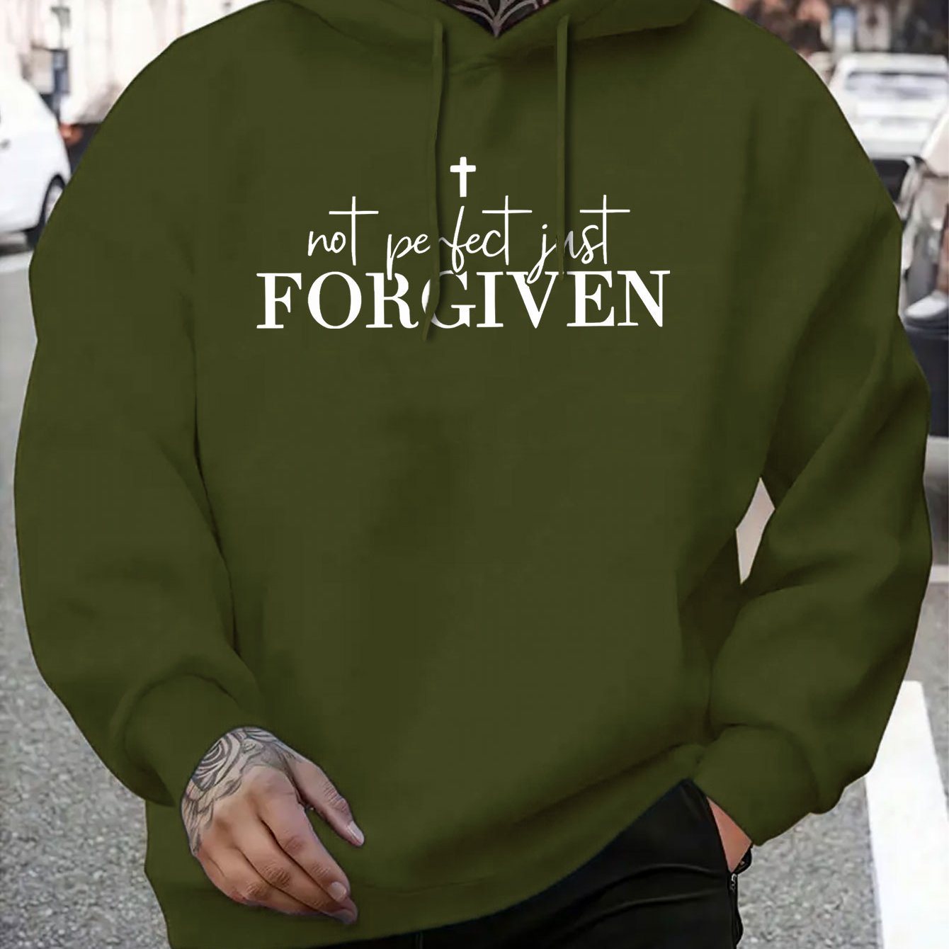 Men's Grey Christian Faith Hooded Sweatshirt with "Not Perfect FORGIVEN" Cross Print - Casual Sporty Pullover, Front Pocket & Adjustable Hood, Spring/Fall Winter Warm Sweater (Machine Washable) Religious Apparel, Hoodies For