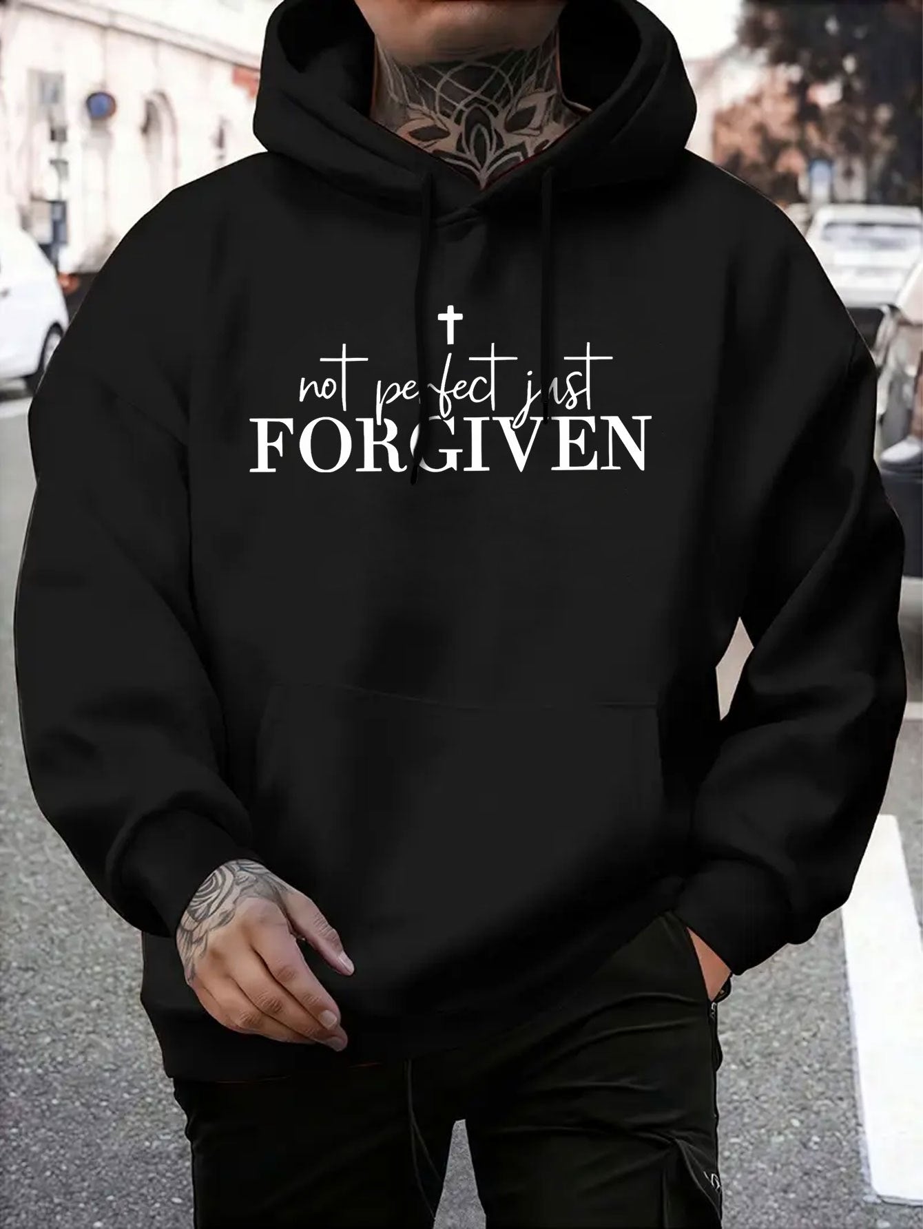 Men's Grey Christian Faith Hooded Sweatshirt with "Not Perfect FORGIVEN" Cross Print - Casual Sporty Pullover, Front Pocket & Adjustable Hood, Spring/Fall Winter Warm Sweater (Machine Washable) Religious Apparel, Hoodies For