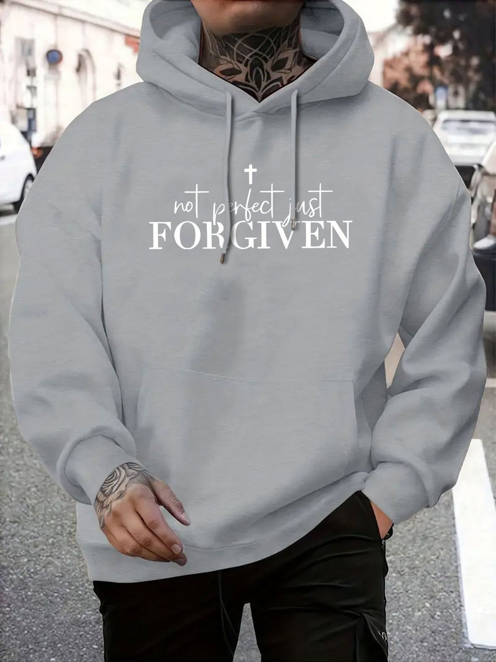 Men's Grey Christian Faith Hooded Sweatshirt with "Not Perfect FORGIVEN" Cross Print - Casual Sporty Pullover, Front Pocket & Adjustable Hood, Spring/Fall Winter Warm Sweater (Machine Washable) Religious Apparel, Hoodies For