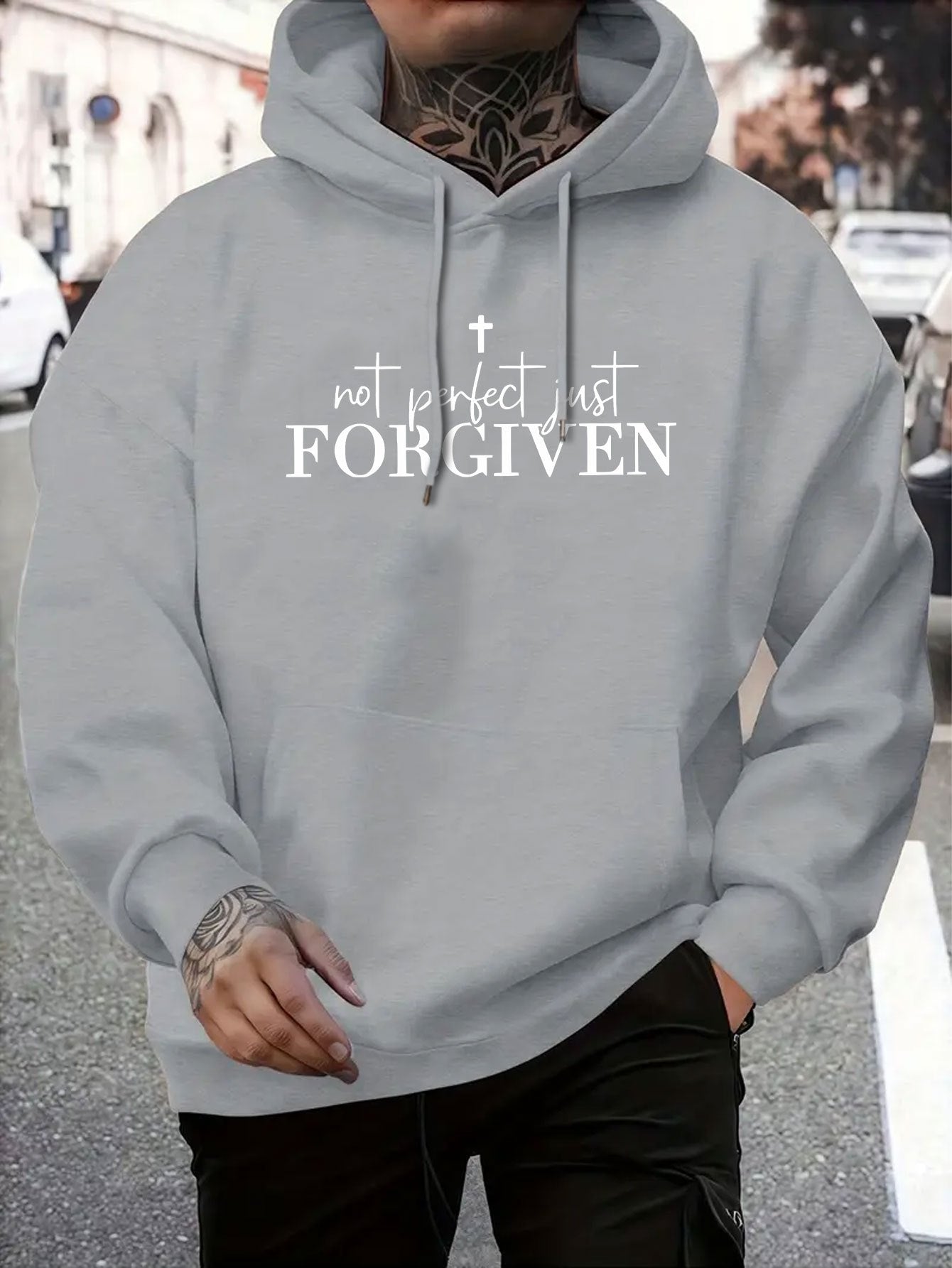 Men's Grey Christian Faith Hooded Sweatshirt with "Not Perfect FORGIVEN" Cross Print - Casual Sporty Pullover, Front Pocket & Adjustable Hood, Spring/Fall Winter Warm Sweater (Machine Washable) Religious Apparel, Hoodies For