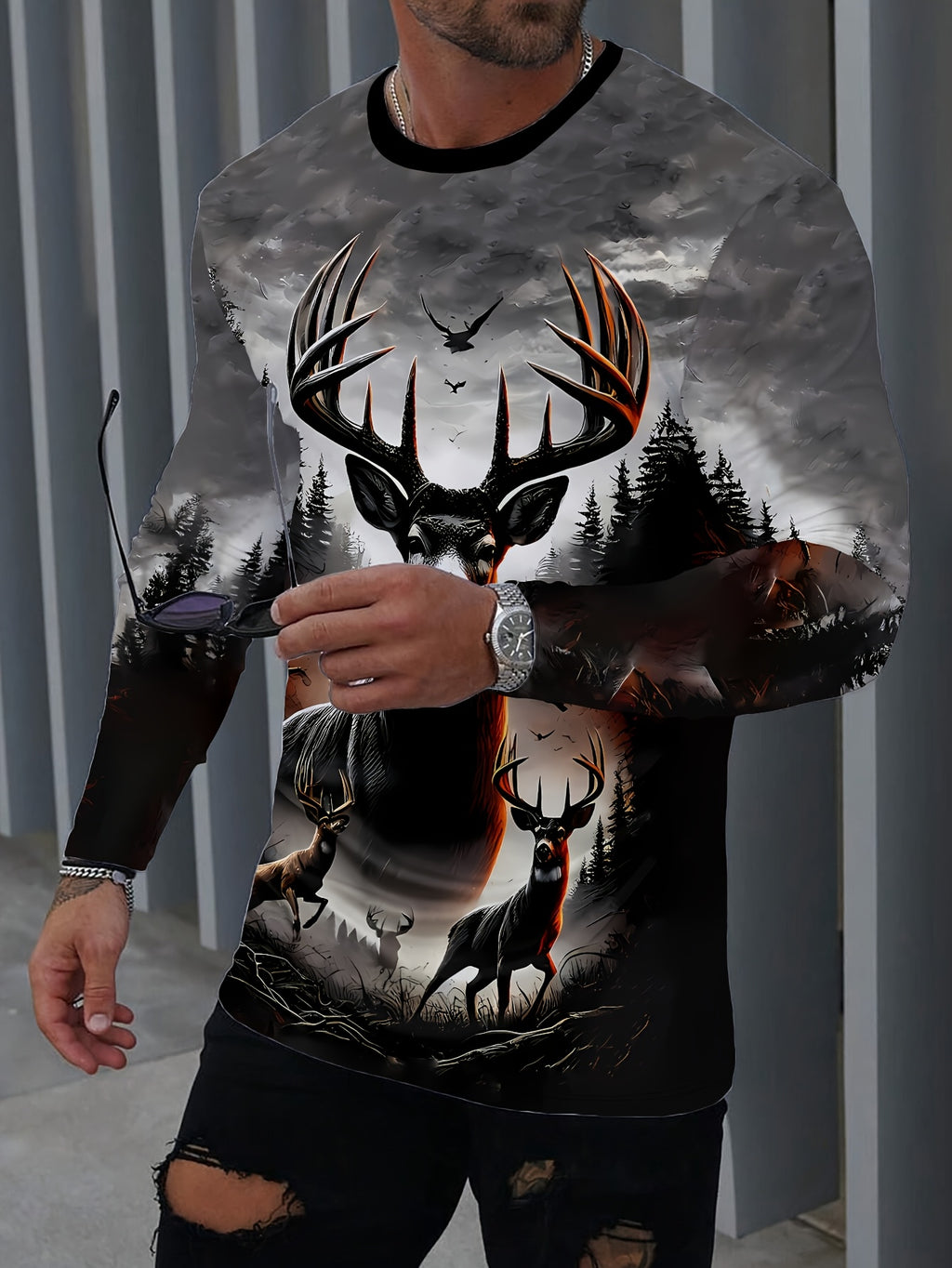 Men's Long Sleeve Shirt - Deer Hunting Graphic Print with Stag - Dark to Light Gray Ombre - Machine Washable Casual Top for Everyday & Formal Outfits - All-Season Mens Clothing, Outdoor Apparel, Bold Artwork, Quality Stitchin
