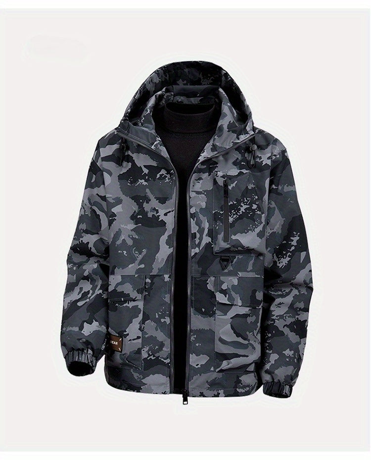 Men's Camouflage Hooded Jacket with Full-Zip Closure & Camo-Lining - Green/Brown/Tan Outdoor Coat, Machine-Washable Polyester for Hiking, Hunting, Army-Style Windbreaker, Hoodies For Men, Camouflage For Men, Camouflage Clothi