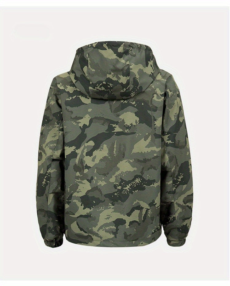 Men's Camouflage Hooded Jacket with Full-Zip Closure & Camo-Lining - Green/Brown/Tan Outdoor Coat, Machine-Washable Polyester for Hiking, Hunting, Army-Style Windbreaker, Hoodies For Men, Camouflage For Men, Camouflage Clothi