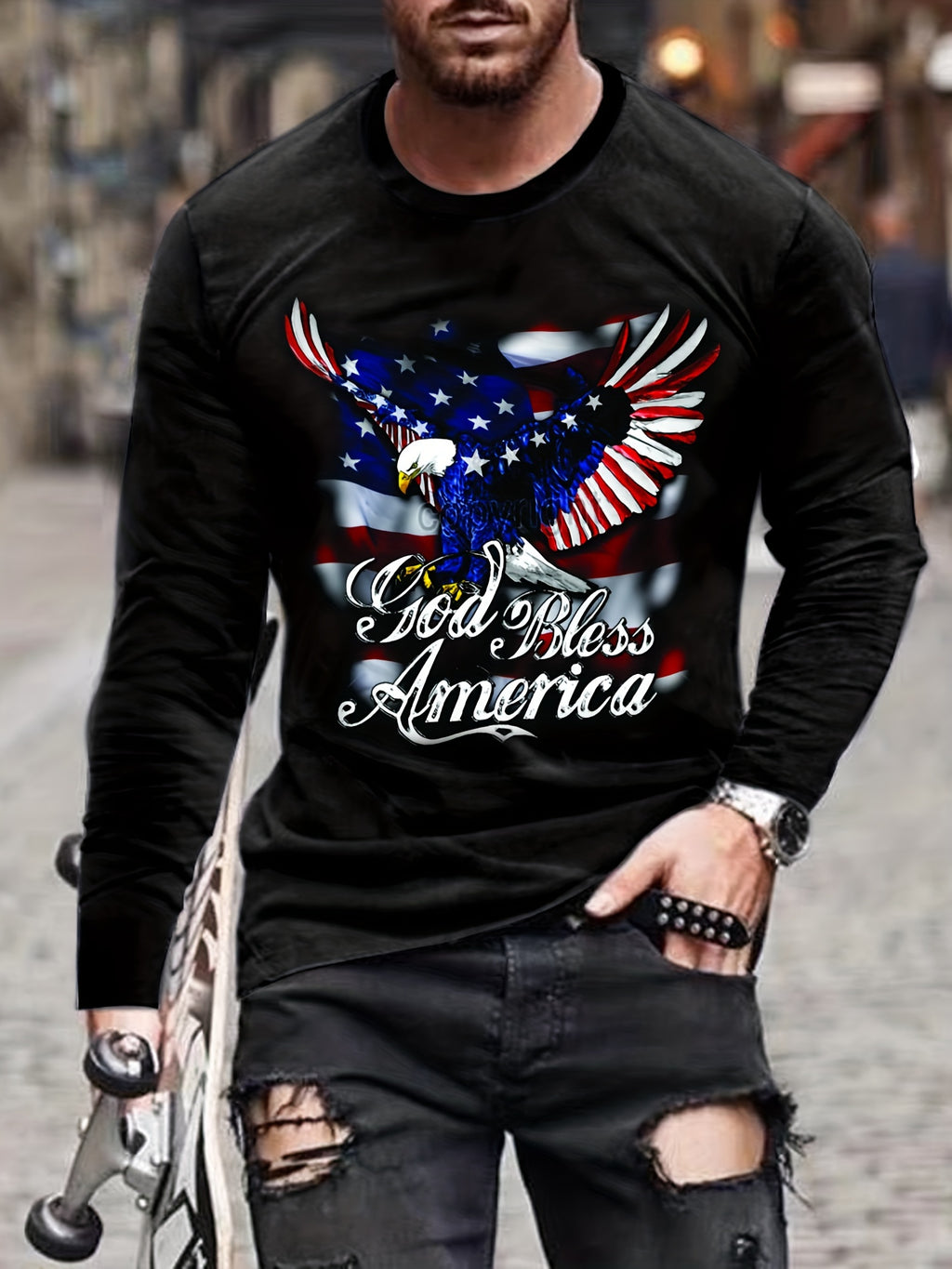 Eagle Print, Men's Long Sleeve Novelty T-shirt, Stylish Tees For Autumn, Mens Clothing