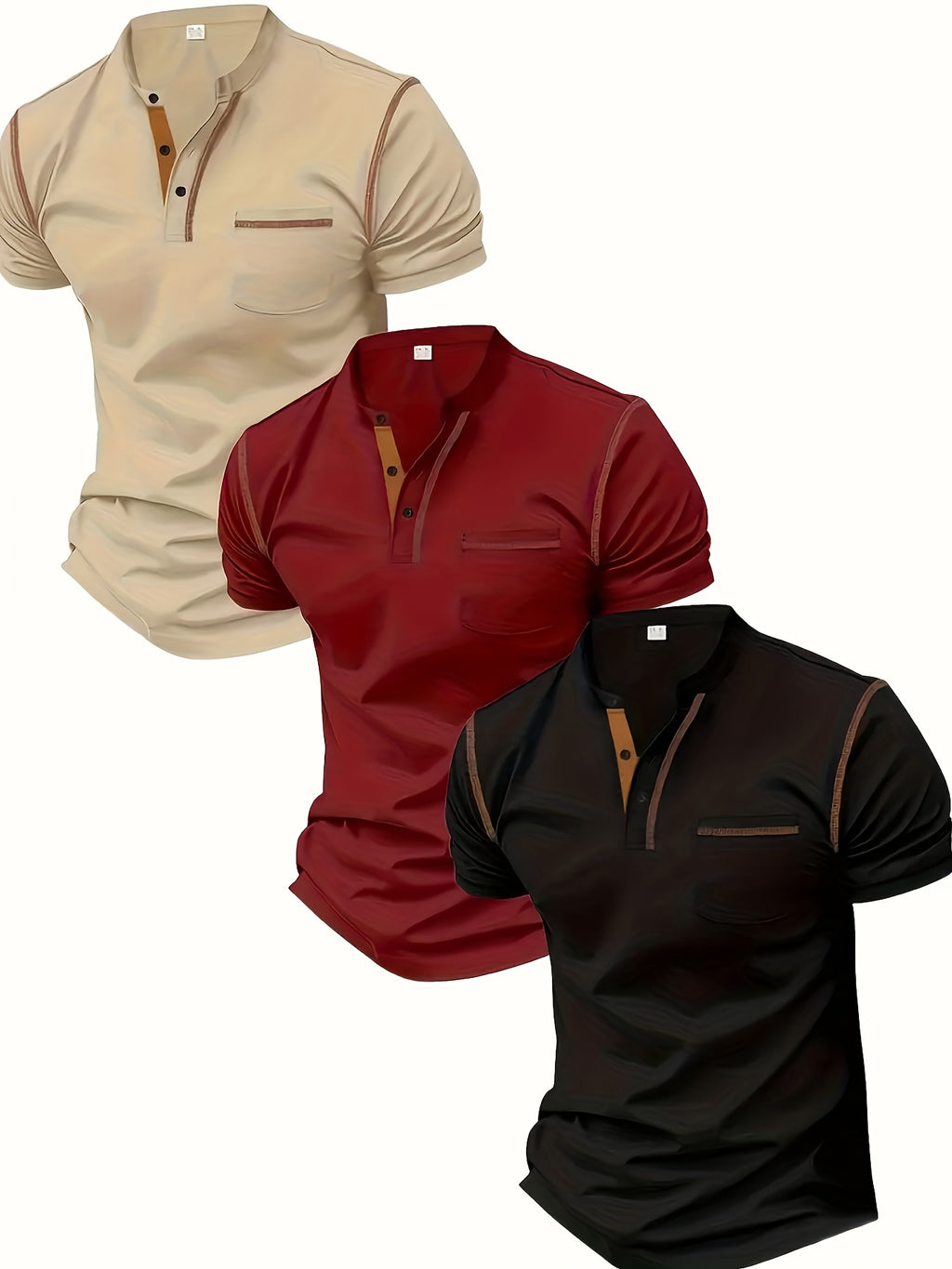 3pcs Men's Slim-Fit Golf & Tennis Shirts - Breathable Stretchy Short Sleeve, Contrast Collar & Collars, All-Season Non-Sheer Sportswear (Olive/Oatmeal/Navy) - Multi-Color Pack for Golf, Tennis & Casual, Mens Shirts, Mens Clot