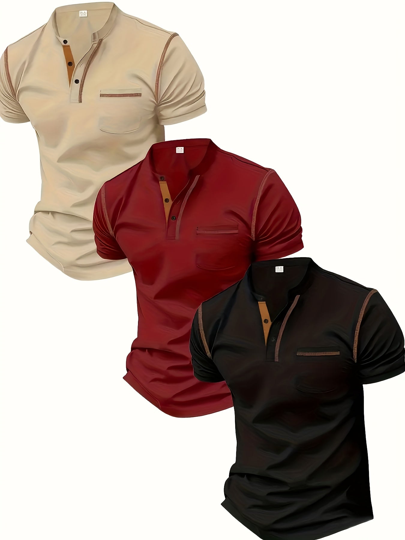 3pcs Men's Slim-Fit Golf & Tennis Shirts - Breathable Stretchy Short Sleeve, Contrast Collar & Collars, All-Season Non-Sheer Sportswear (Olive/Oatmeal/Navy) - Multi-Color Pack for Golf, Tennis & Casual, Mens Shirts, Mens Clot