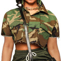 Voghtic Womens Camouflage Shacket Jacket Coat Short Sleeve Button Down Distressed Casual Crop Coat