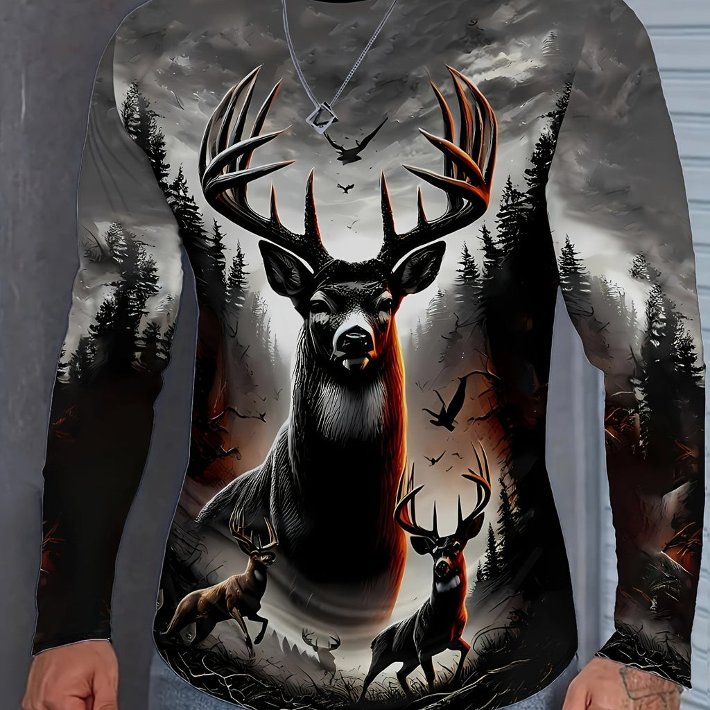 Men's Long Sleeve Shirt - Deer Hunting Graphic Print with Stag - Dark to Light Gray Ombre - Machine Washable Casual Top for Everyday & Formal Outfits - All-Season Mens Clothing, Outdoor Apparel, Bold Artwork, Quality Stitchin