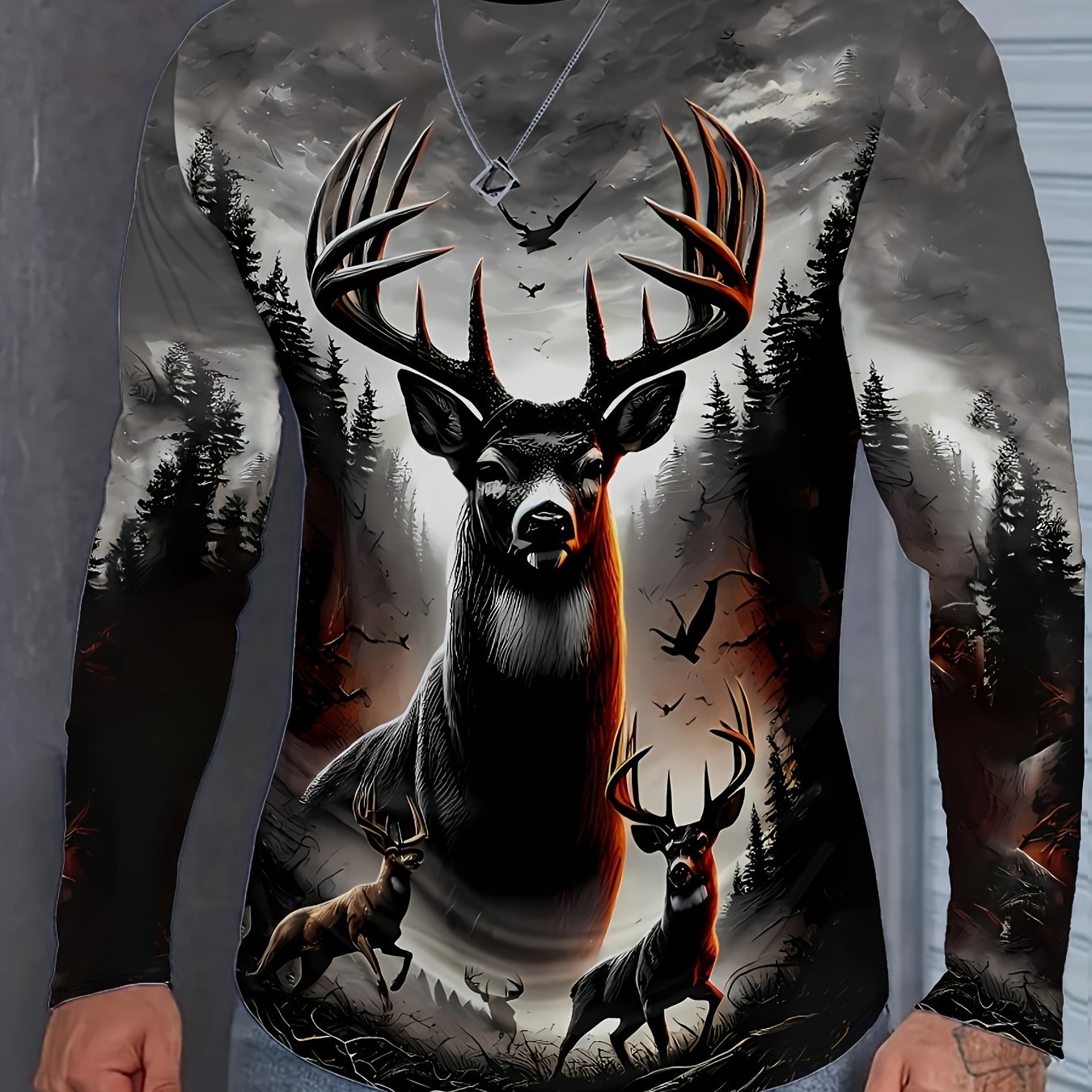 Men's Long Sleeve Shirt - Deer Hunting Graphic Print with Stag - Dark to Light Gray Ombre - Machine Washable Casual Top for Everyday & Formal Outfits - All-Season Mens Clothing, Outdoor Apparel, Bold Artwork, Quality Stitchin